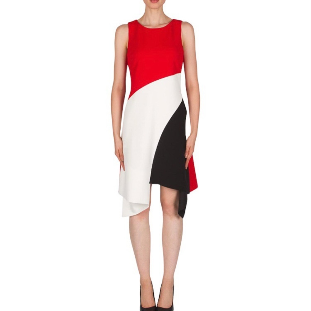 Joseph Ribkoff Red White and Black Asymmetrical High-Low Dress